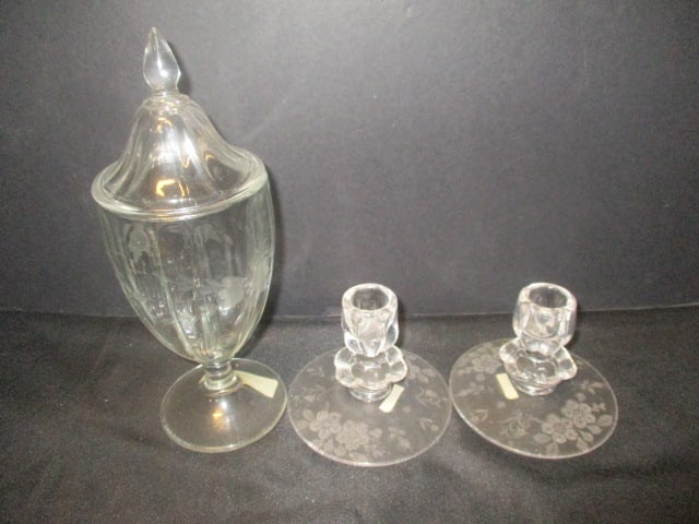 Etched Glass Covered Pedestal Candy Dish (9 1/2") & (1 of 6)