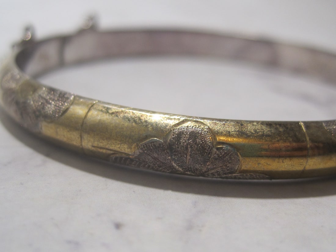Sterling Silver Two Tone Etched Hinged Bangle Bracelet - 2