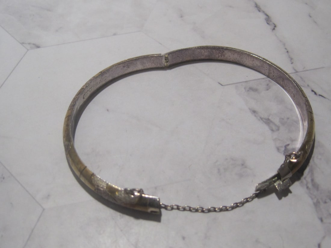 Sterling Silver Two Tone Etched Hinged Bangle Bracelet - 4