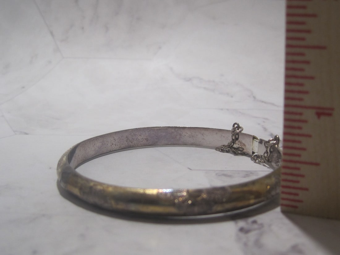 Sterling Silver Two Tone Etched Hinged Bangle Bracelet - 5