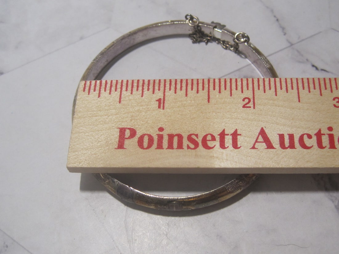 Sterling Silver Two Tone Etched Hinged Bangle Bracelet - 6