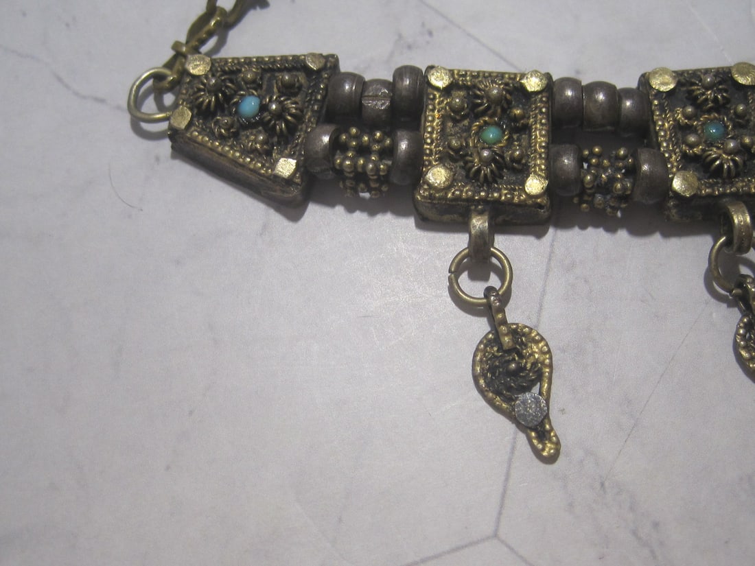 16" Antique Silver & Metal Choker with Turquoise Stones - 2