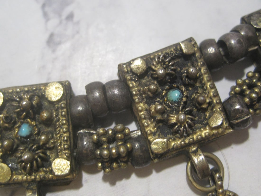 16" Antique Silver & Metal Choker with Turquoise Stones - 4