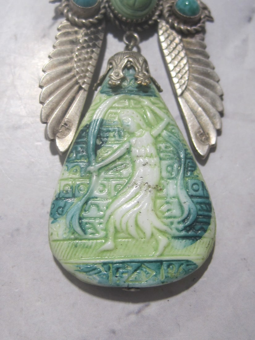 Sterling Silver Antique Carved Pendant with Turquoise Stones - 2