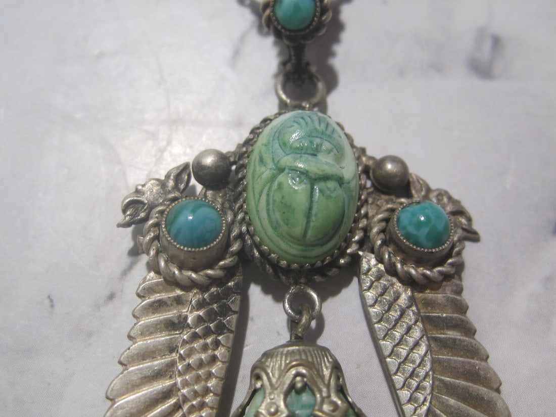 Sterling Silver Antique Carved Pendant with Turquoise Stones - 3