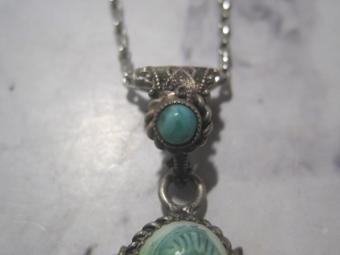 Sterling Silver Antique Carved Pendant with Turquoise Stones - 4