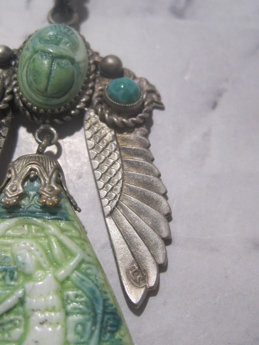 Sterling Silver Antique Carved Pendant with Turquoise Stones - 5