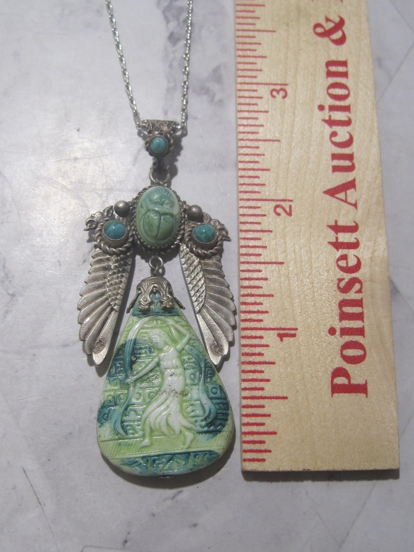 Sterling Silver Antique Carved Pendant with Turquoise Stones - 7