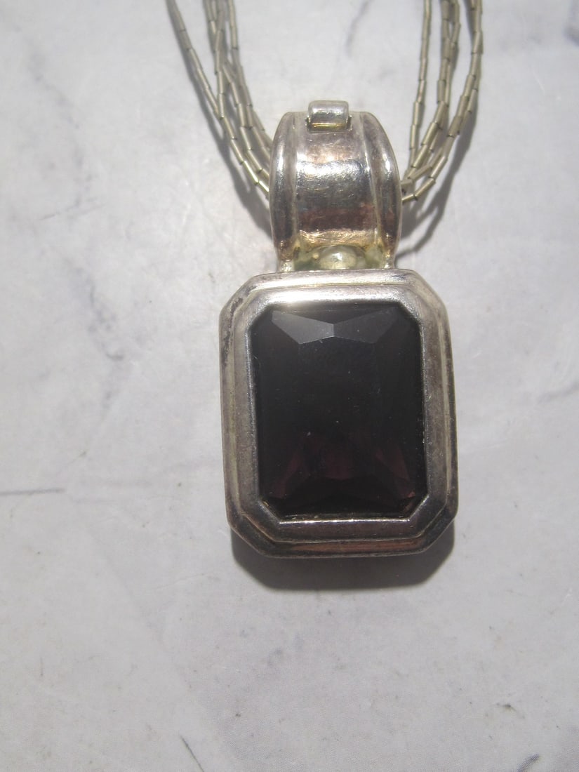 Sterling Silver 5 Strand Liquid Silver Necklace with Amethyst Pendant - 3