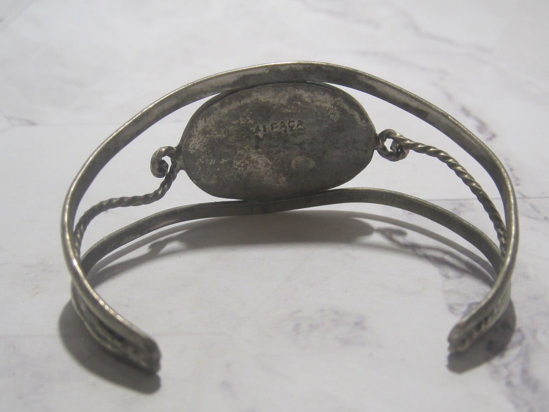 Mexican Silver Cuff Bracelet with Mother of Pearl Flower - 3