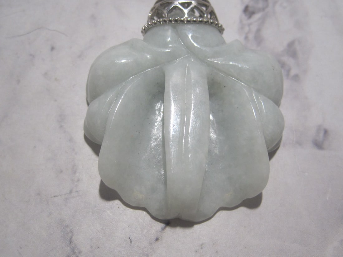 Sterling Silver Jade Carved Lotus Flower Pendant - 2