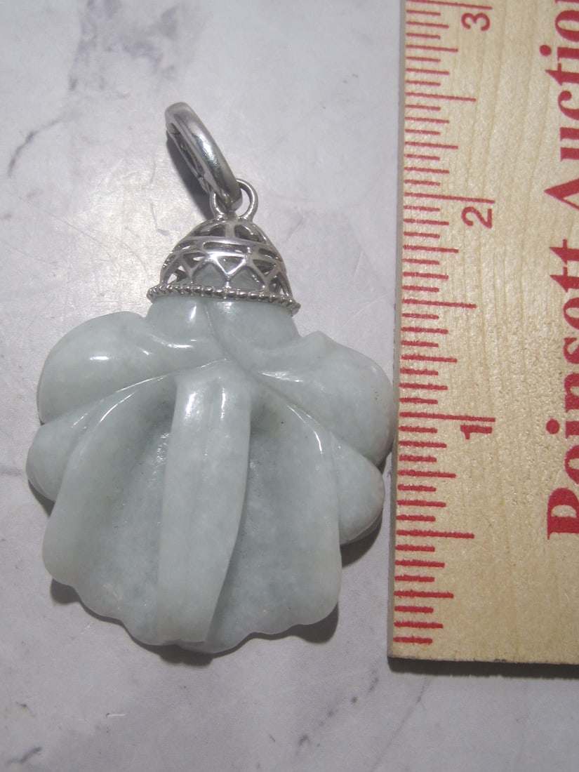 Sterling Silver Jade Carved Lotus Flower Pendant - 5