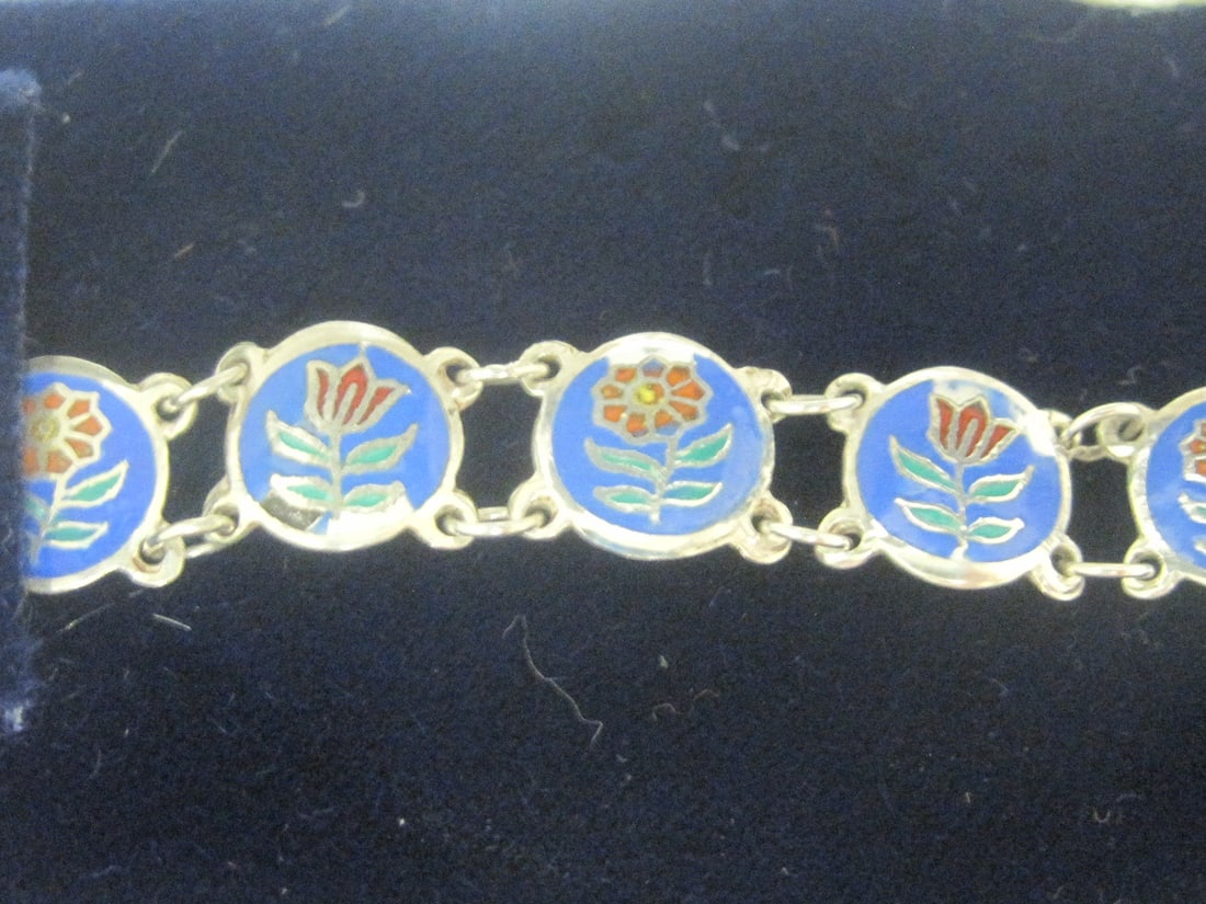 6" Sterling Silver Bracelet with Enamel Flowers - 2