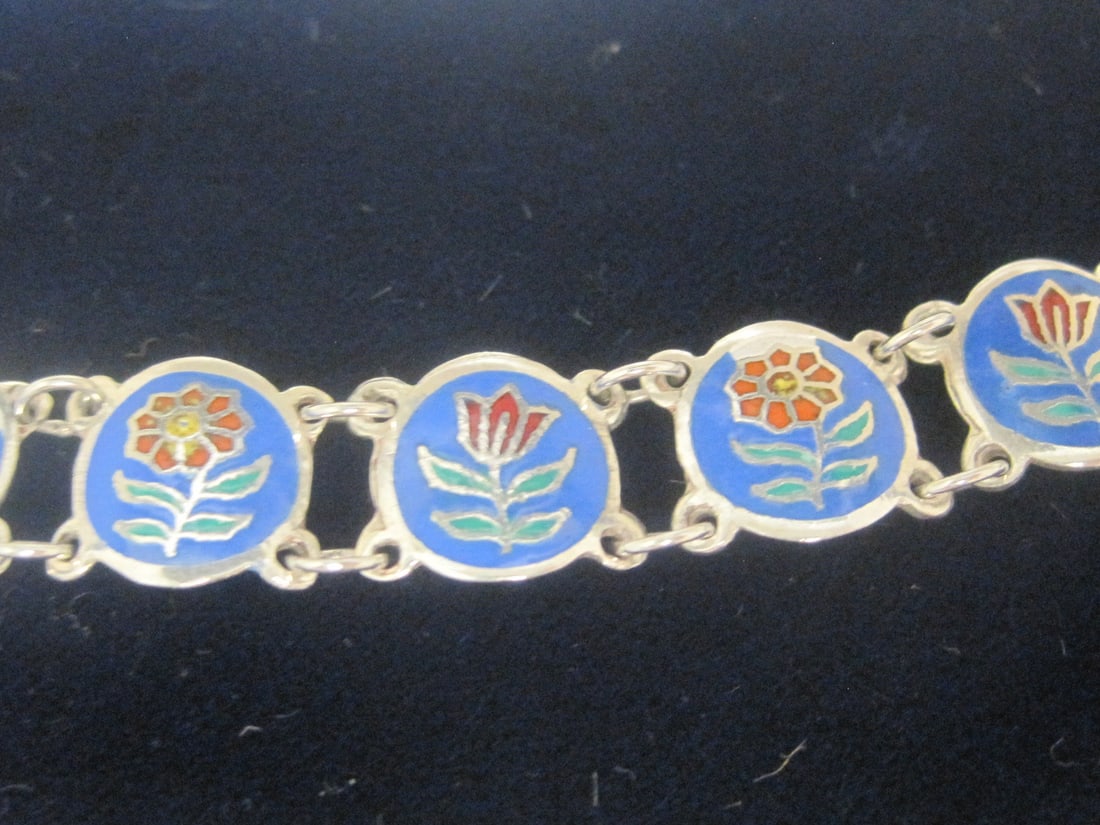 6" Sterling Silver Bracelet with Enamel Flowers - 3