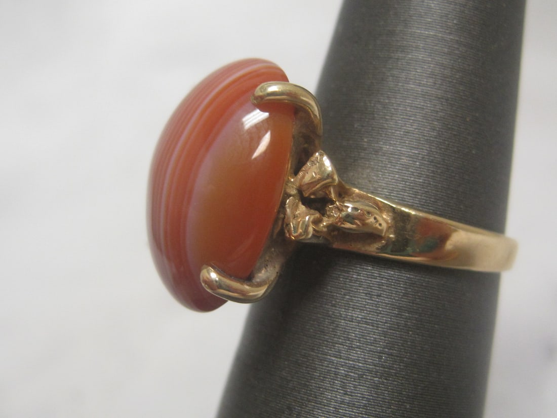 14k Gold Oval Cabochon Orange Banded Agate Ring - 2