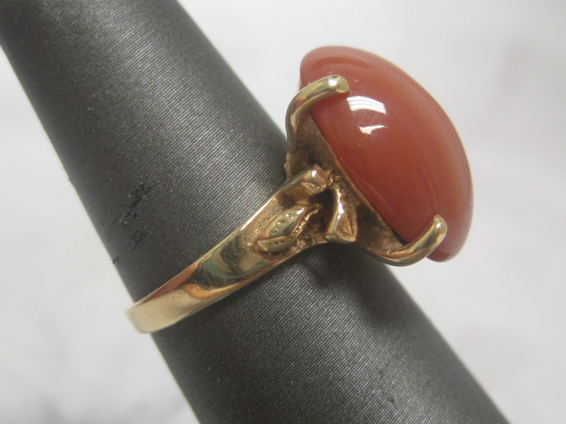 14k Gold Oval Cabochon Orange Banded Agate Ring - 3