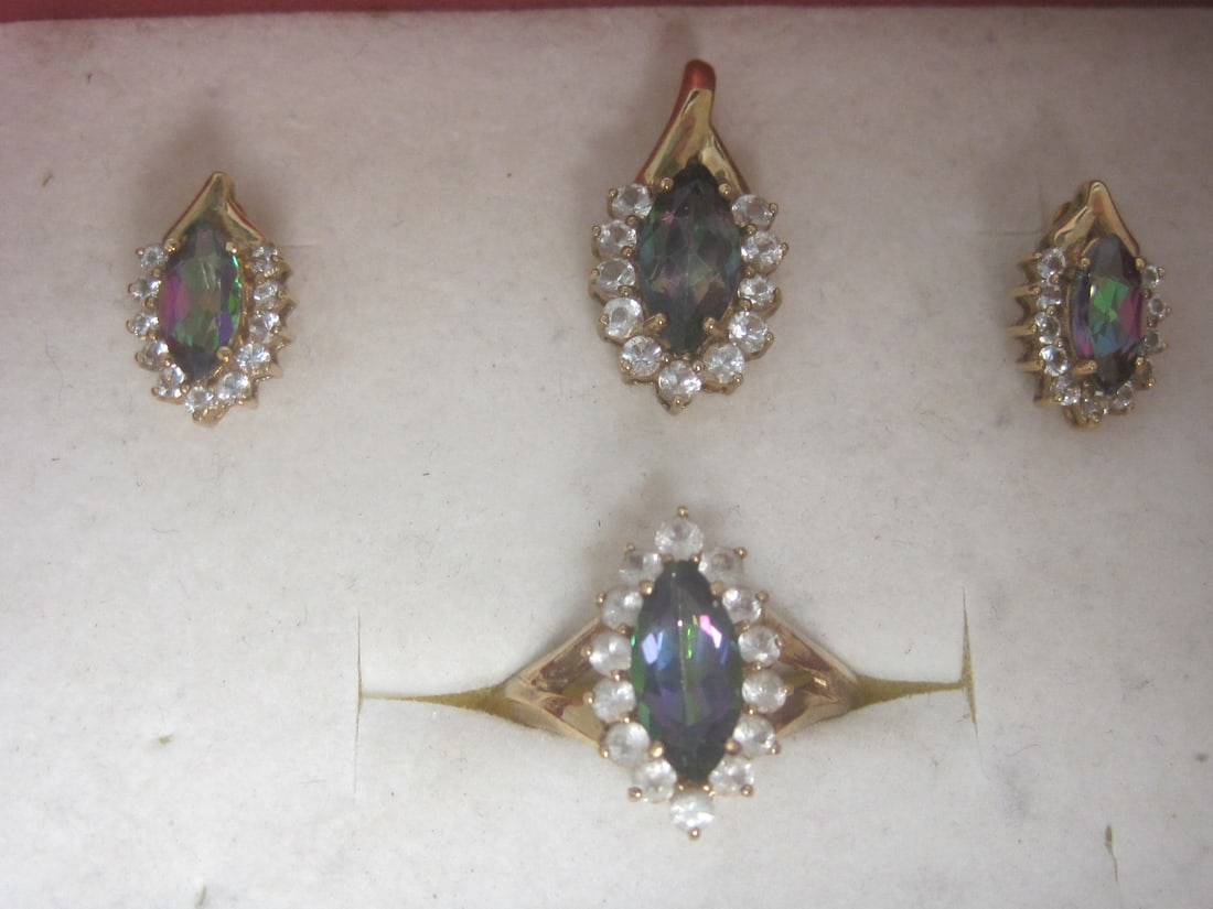 10k Gold Mystic Topaz & Diamond Ring, Pendant, & Earrings - 2