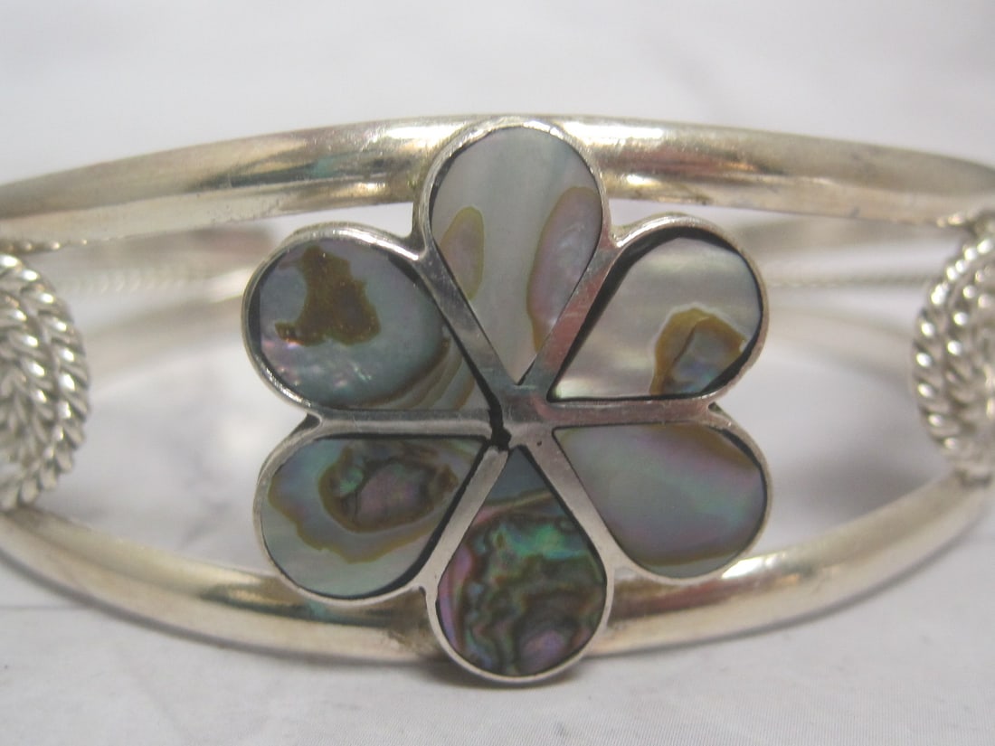 Sterling Silver Cuff Bracelet with Mother of Pearl Flower - 2
