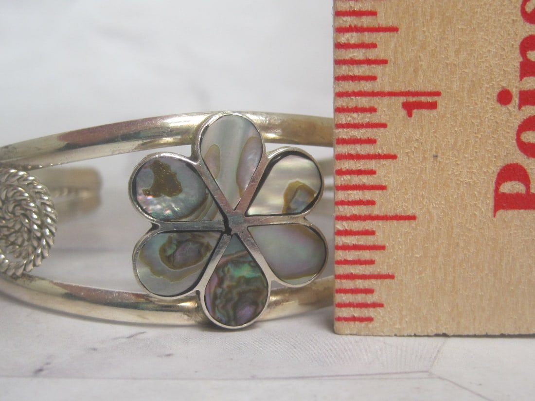 Sterling Silver Cuff Bracelet with Mother of Pearl Flower - 5