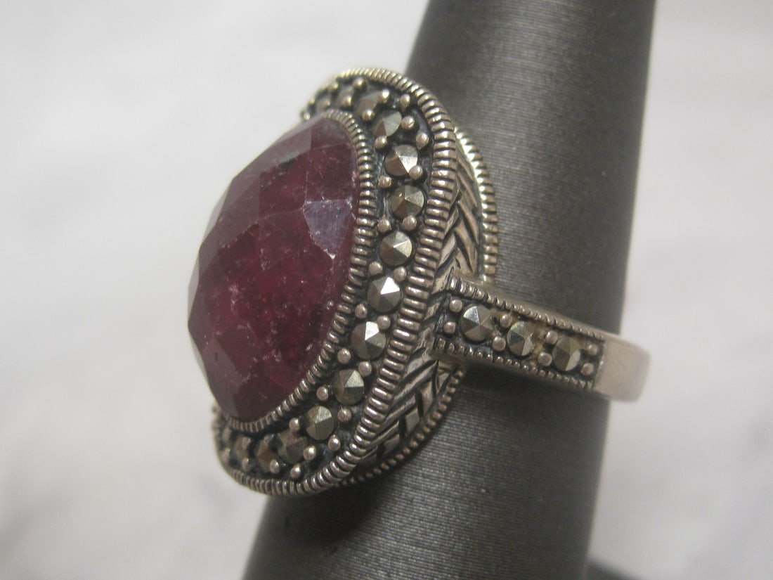 Sterling Silver African Ruby & Marcasite Ring - 2