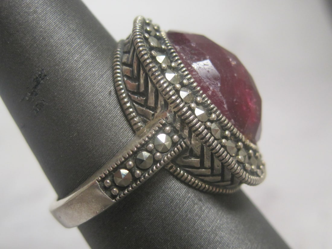 Sterling Silver African Ruby & Marcasite Ring - 3