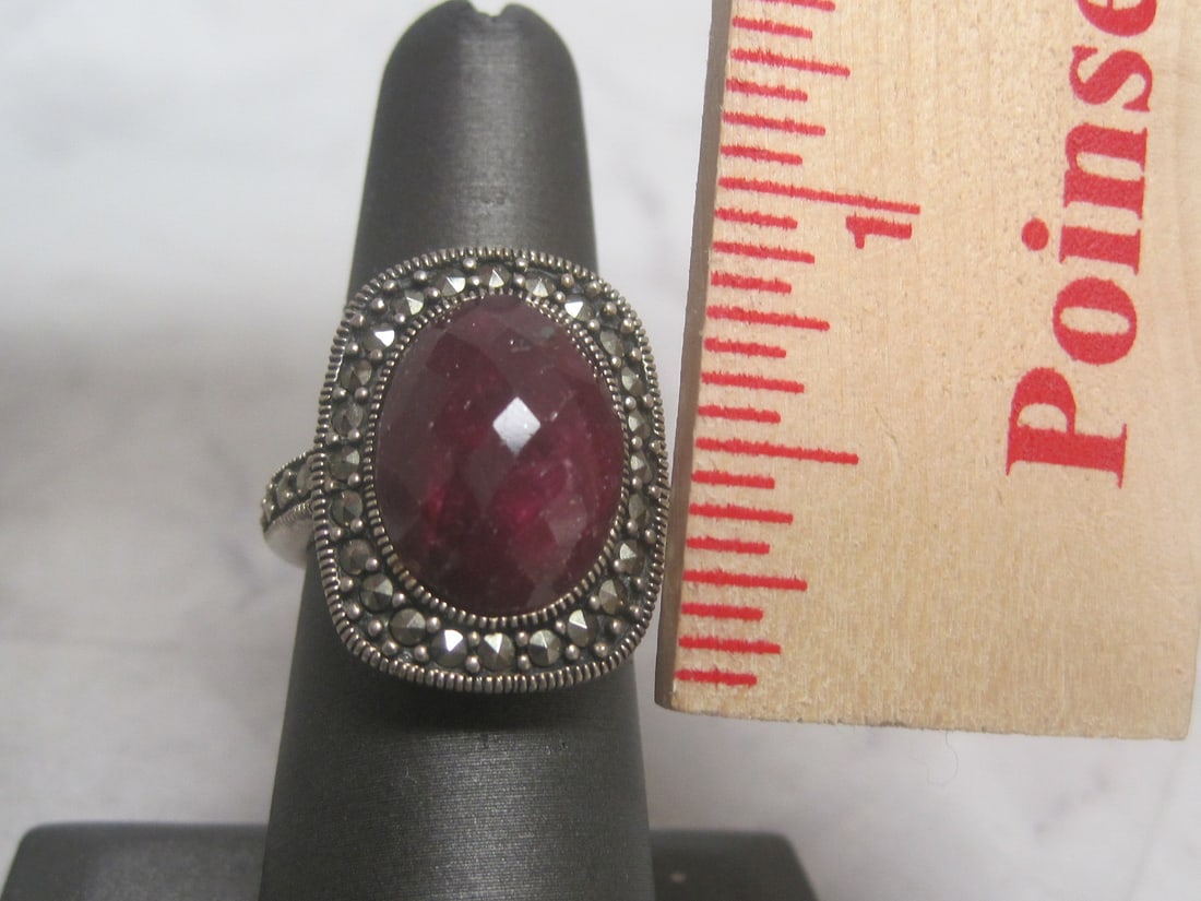 Sterling Silver African Ruby & Marcasite Ring - 4
