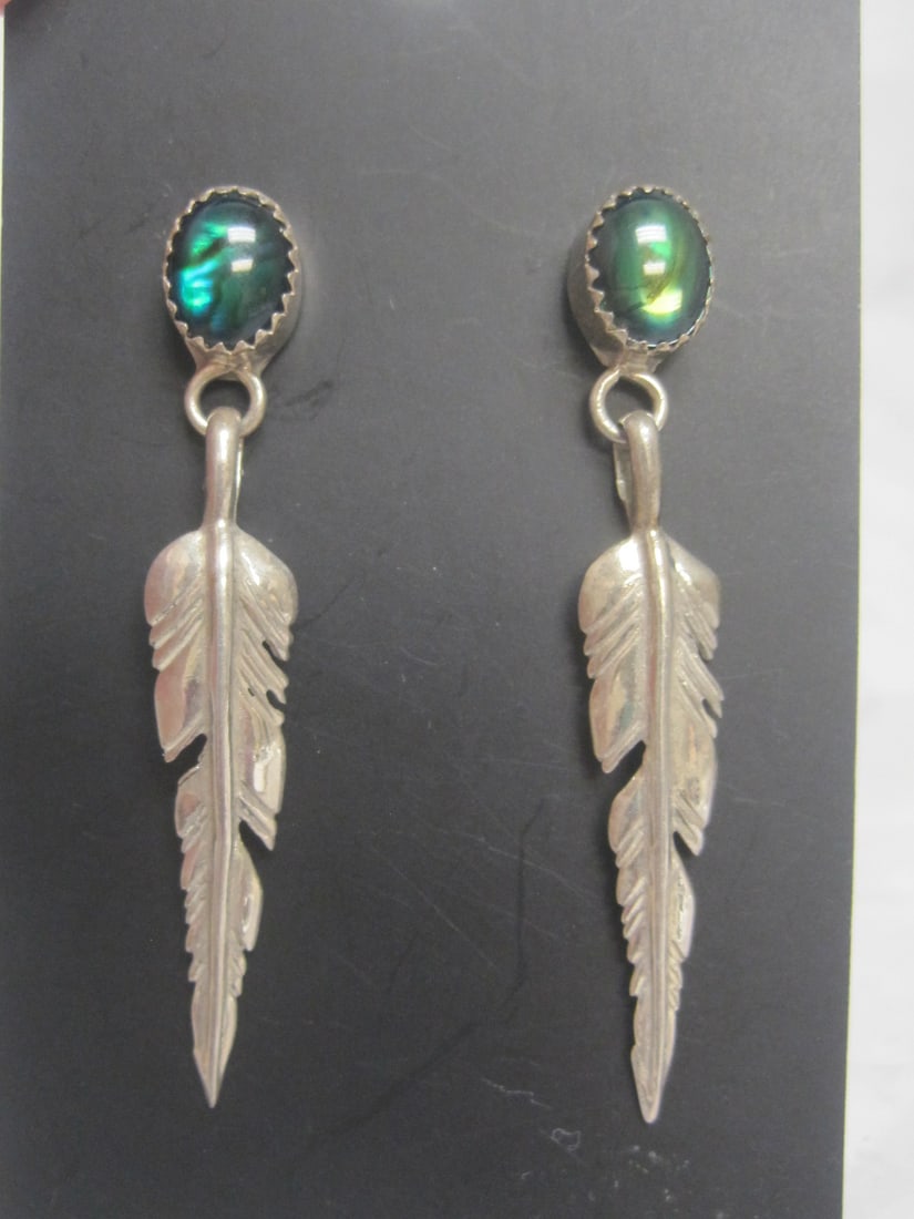 Sterling Silver Feather Earrings with Green Stones (1 of 4)