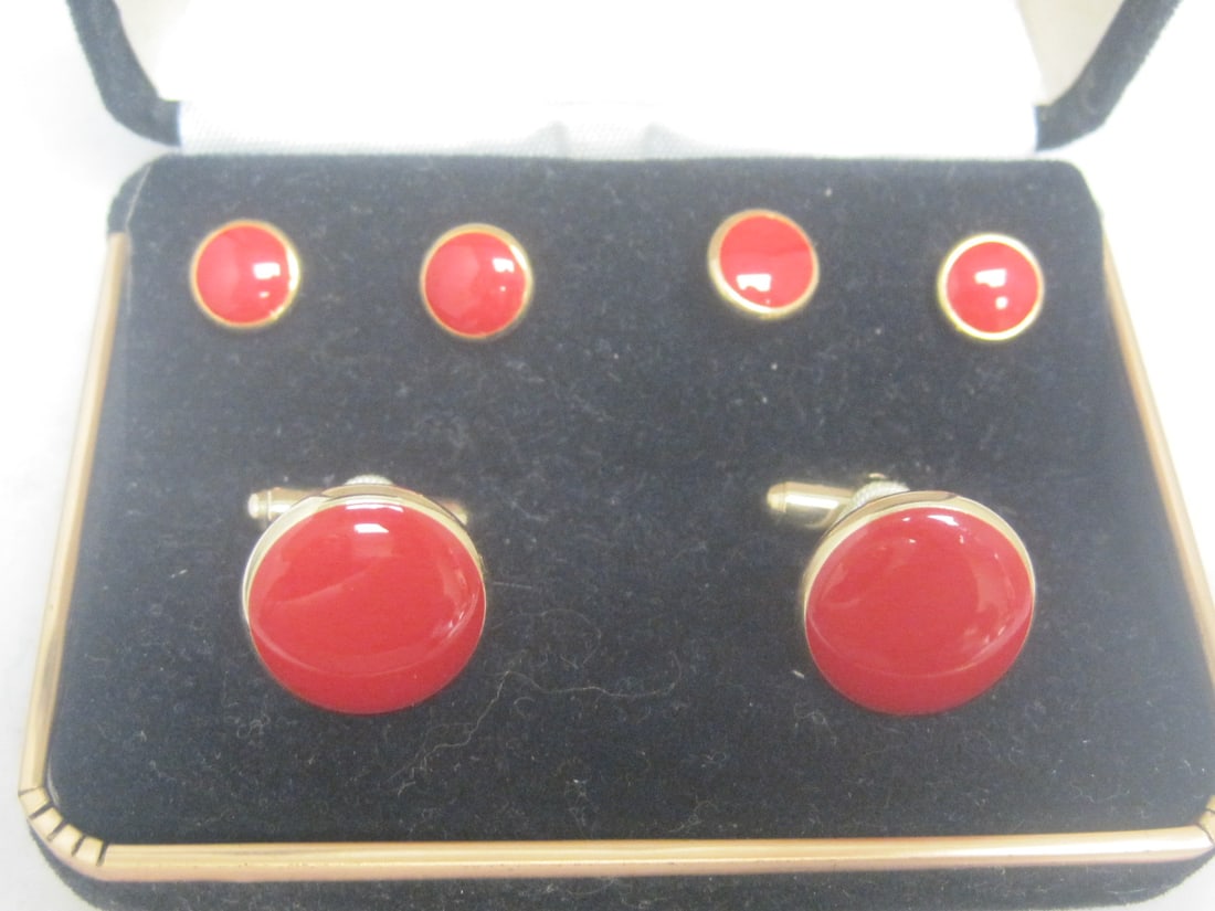 Goldtone & Red Enamel Cuff Links & Button Cover Set - 2