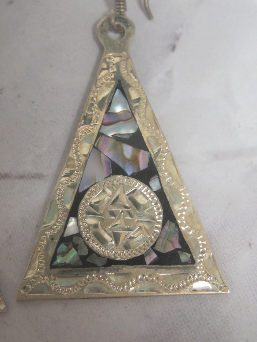 Sterling Silver Earrings Etched with Mother of Pearl Inlay - 3