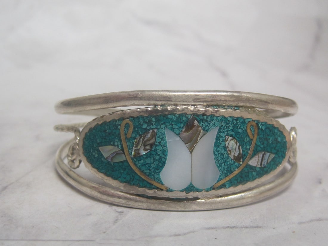 Alpaca Silver Cuff Bracelet with Stone Inlay (1 of 4)