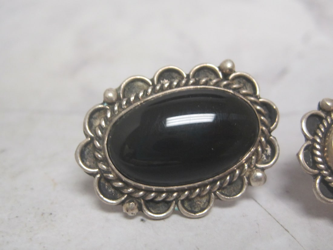 Sterling Silver Onyx Screwback Earrings - 2