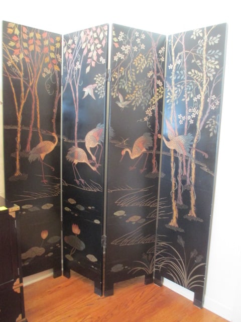 Distinctive Chinese Coromandel Style Lacquered 4 Panel Folding Screen (1 of 9)