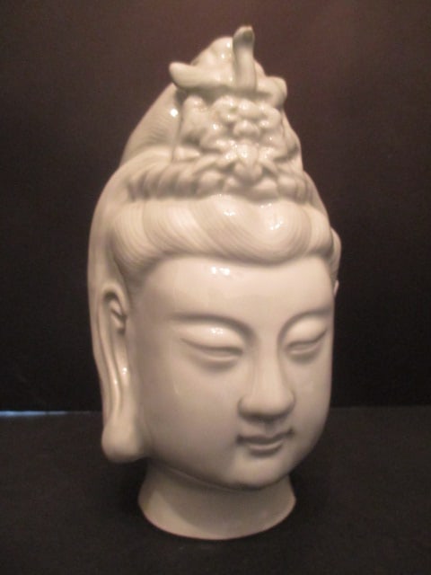Signed White Glazed Buddha Bust: 9"h 