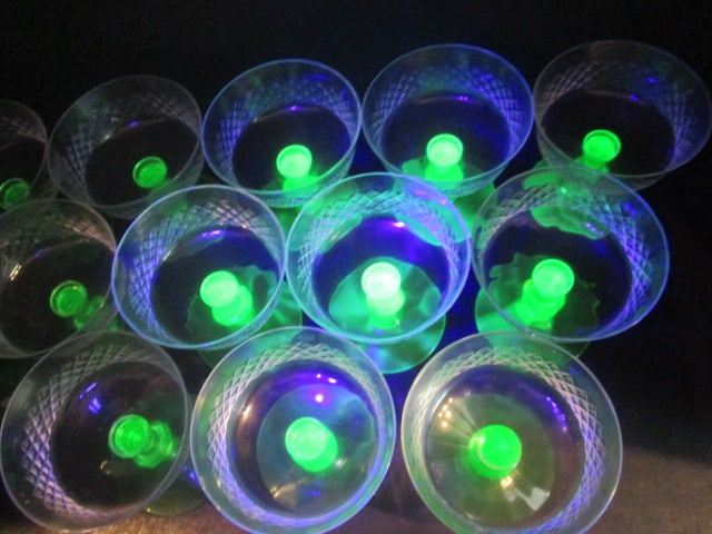 13 Green Uranium/Vaseline Footed Depression Glass Dotted Diamond Sherbet/Champagnes - 2