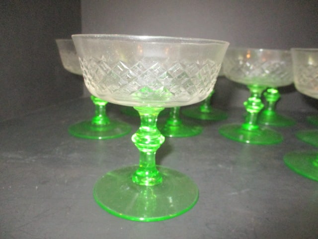 13 Green Uranium/Vaseline Footed Depression Glass Dotted Diamond Sherbet/Champagnes - 3