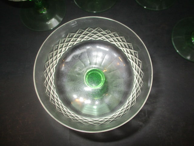 13 Green Uranium/Vaseline Footed Depression Glass Dotted Diamond Sherbet/Champagnes - 4