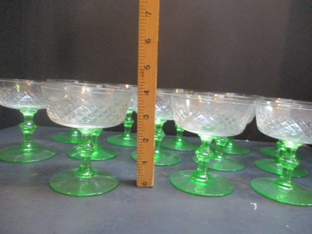 13 Green Uranium/Vaseline Footed Depression Glass Dotted Diamond Sherbet/Champagnes - 6