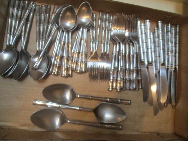 58 Pieces Rebacraft Stainless Bamboo Shape Handle Flatware and Serving Spoons: . 