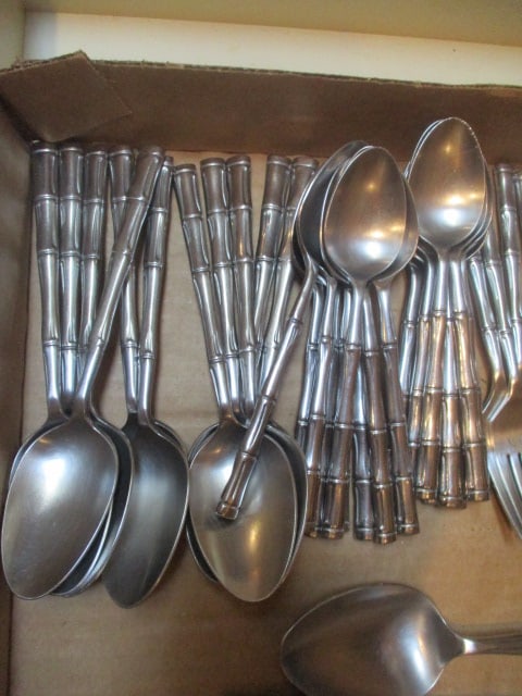 58 Pieces Rebacraft Stainless Bamboo Shape Handle Flatware and Serving Spoons - 2