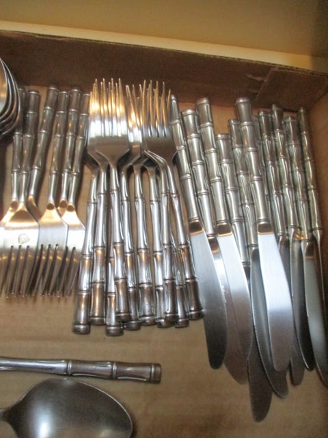 58 Pieces Rebacraft Stainless Bamboo Shape Handle Flatware and Serving Spoons - 3