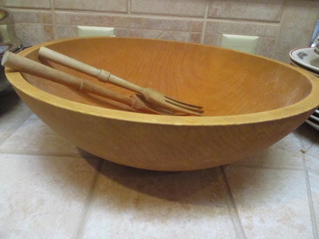 Large Wood Bowl with Serving Fork and Spoon: Bowl 16"dia x 5"h 