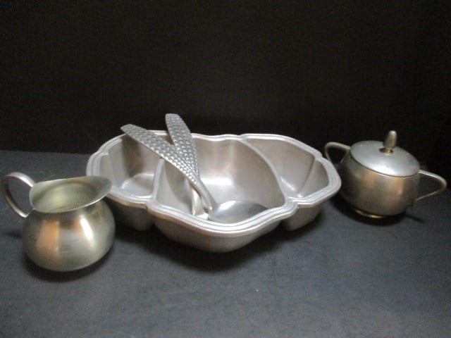 Pewter 3 Compartment Serving Dish, Creamer and Sugar Bowl and Serving Fork and Spoon: . 