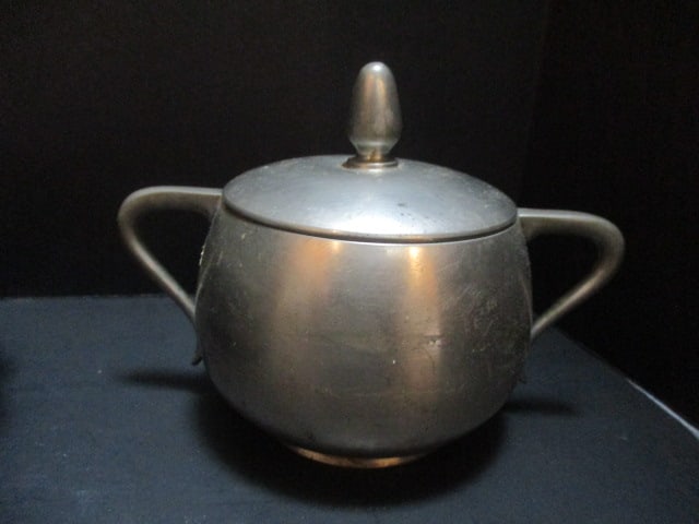 Pewter 3 Compartment Serving Dish, Creamer and Sugar Bowl and Serving Fork and Spoon - 2