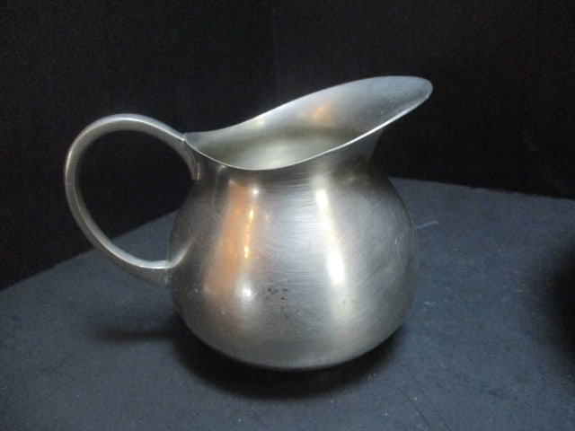 Pewter 3 Compartment Serving Dish, Creamer and Sugar Bowl and Serving Fork and Spoon - 3