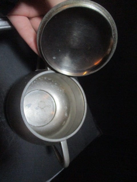 Pewter 3 Compartment Serving Dish, Creamer and Sugar Bowl and Serving Fork and Spoon - 4