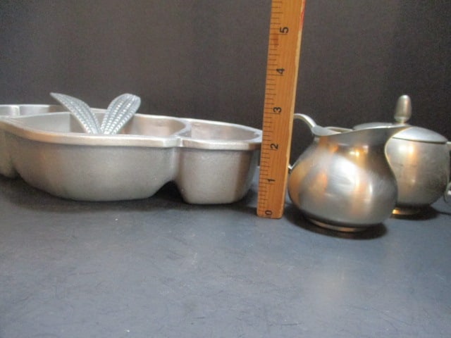 Pewter 3 Compartment Serving Dish, Creamer and Sugar Bowl and Serving Fork and Spoon - 8