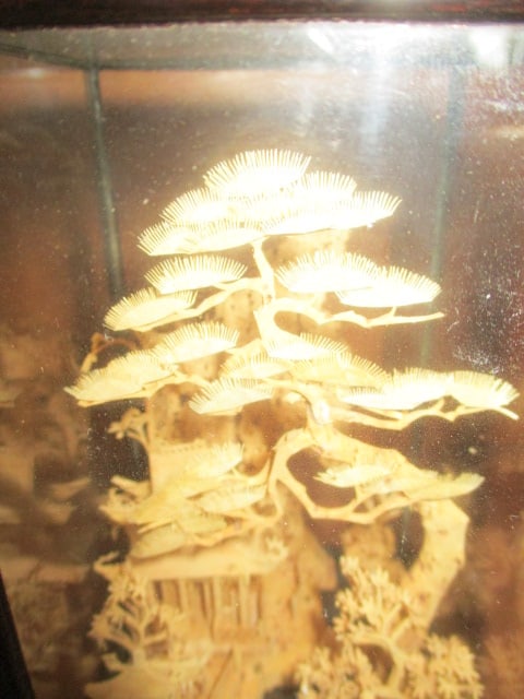 Vintage Chines Cork Carving Diorama in Glass Display Case - 2