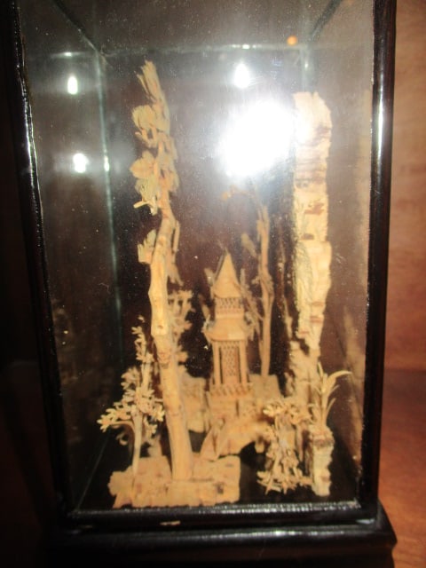 Vintage Chines Cork Carving Diorama in Glass Display Case - 4