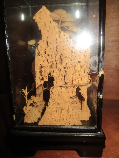 Vintage Chines Cork Carving Diorama in Glass Display Case - 5