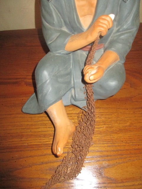Vintage Japanese Hakata Urasaki Sitting Fisherman Holding Net Doll - 3